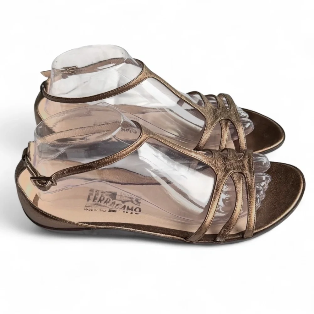 Salvatore Ferragamo Metallic Bronze Leather Strappy Sandals – Size 9B